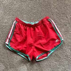 adidas girl's Red Athletic Shorts with Teal Trim and White Stripes